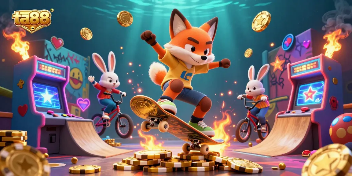 Engage in thrilling gaming fun with ta88 featuring a vibrant 3D casino scene with animated characters.