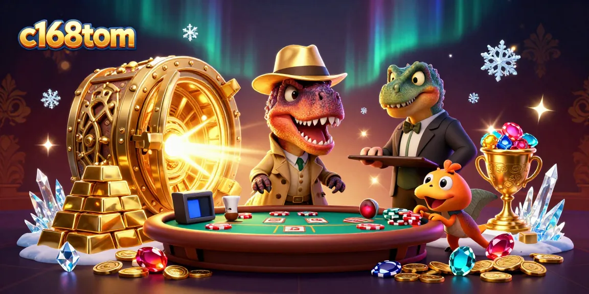 Play exciting games at c168tom's casino, featuring a velociraptor card counter and treasures.