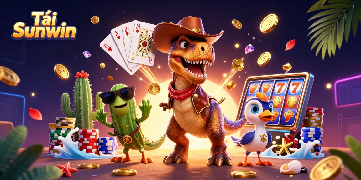 Tải Sunwin to enjoy a wild gaming adventure with a cowboy dinosaur and sparkling casino elements.