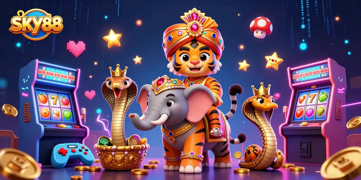 Experience exciting gameplay with SKY88 in a vibrant casino-themed 3D illustration featuring dynamic characters and elements.