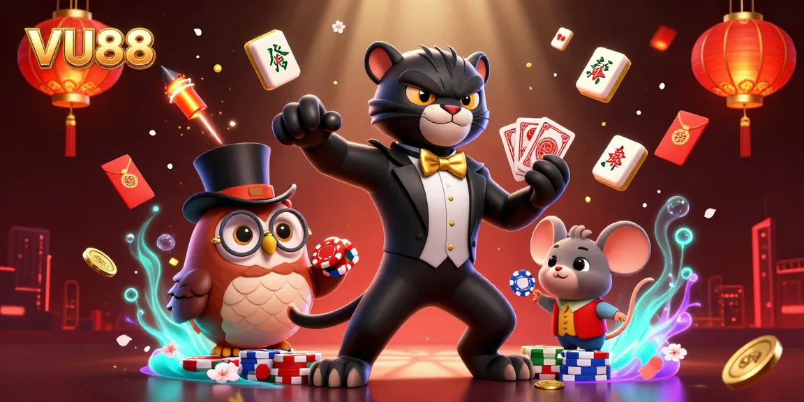 Experience the thrill of VU88 as the charming panther deals cards with energetic decoration in a lively casino scene.