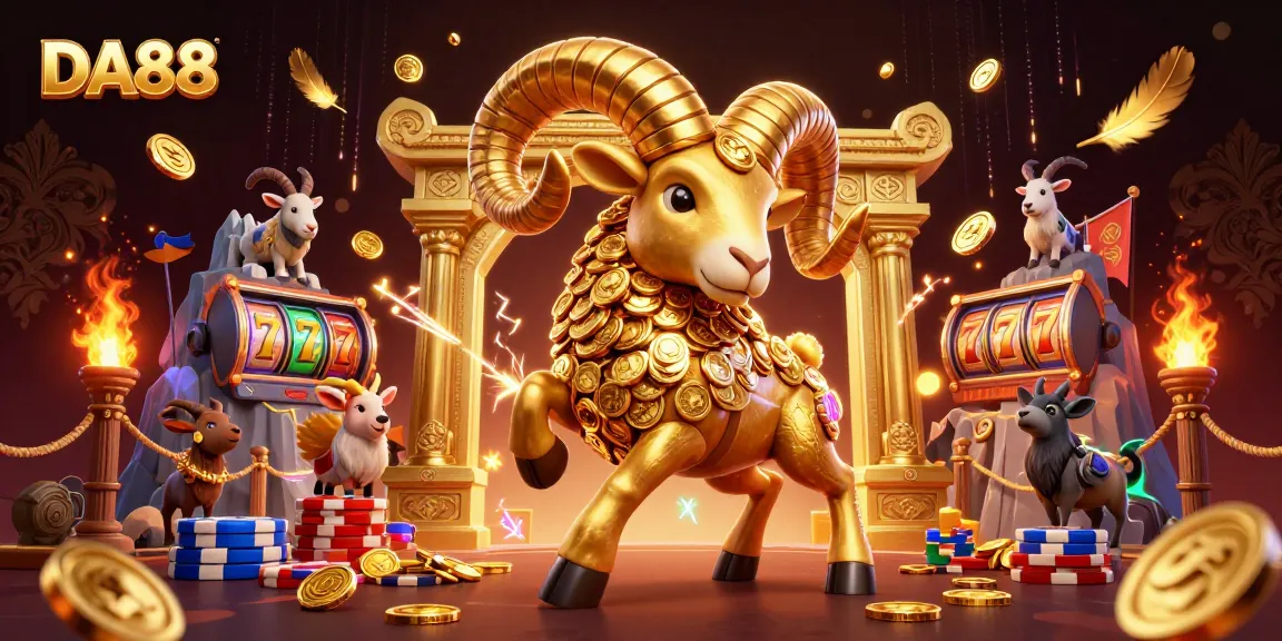 DA88 casino scene featuring a golden ram charging at a gate, surrounded by vibrant slot elements.