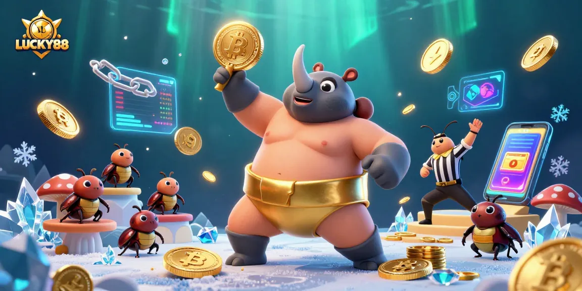 LUCKY88 showcases a vibrant casino scene with crypto elements, thrilling bets, and vivid characters.