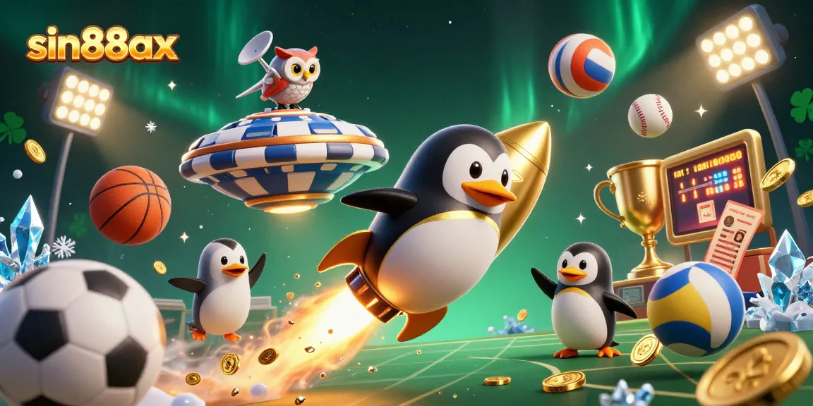 Experience thrilling gaming action with sin88ax as a golden penguin blasts off towards a vibrant virtual casino.