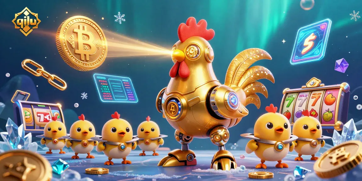 Win big with qilu in this vibrant illustration of gambling adventures with robots and coins.