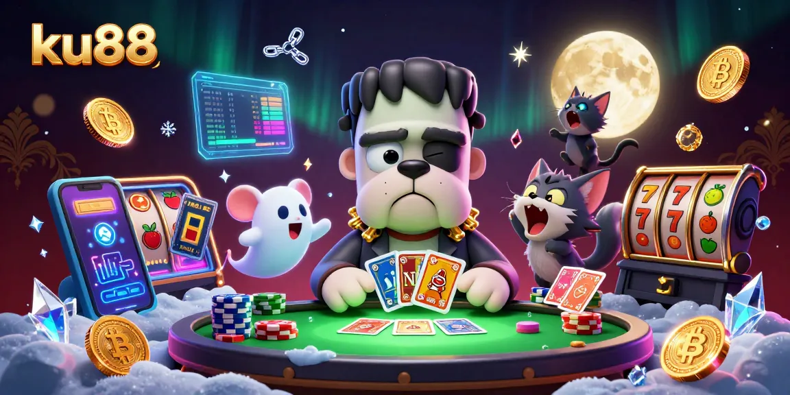 ku88 offers unique slots with vibrant characters dealing cards at a lively casino table