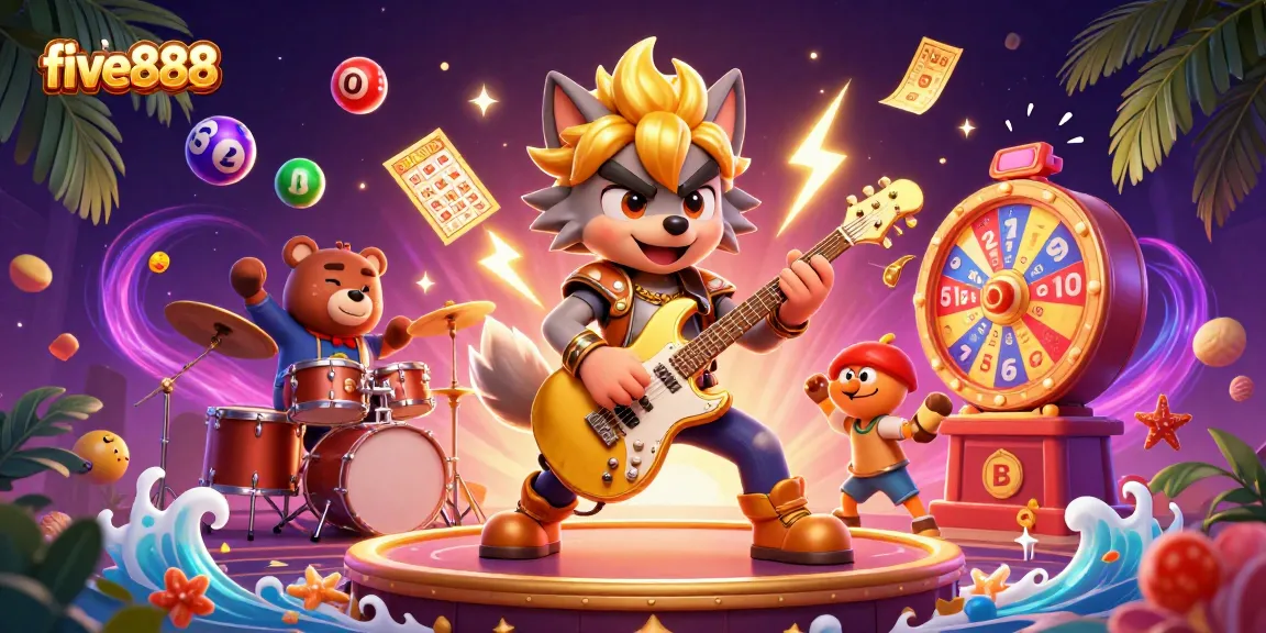Experience the vibrant energy of five888 Casino with a dynamic 3D illustration featuring a rock star wolf and colorful game elements.