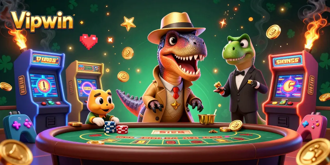 Experience thrilling gameplay at Vipwin with cartoon velociraptor card counters and colorful casino elements.