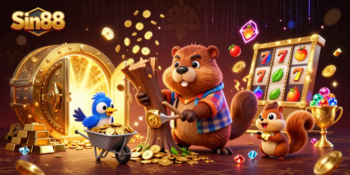 Play and win with Sin88 at an exciting casino featuring vibrant characters collecting gold and jewels.