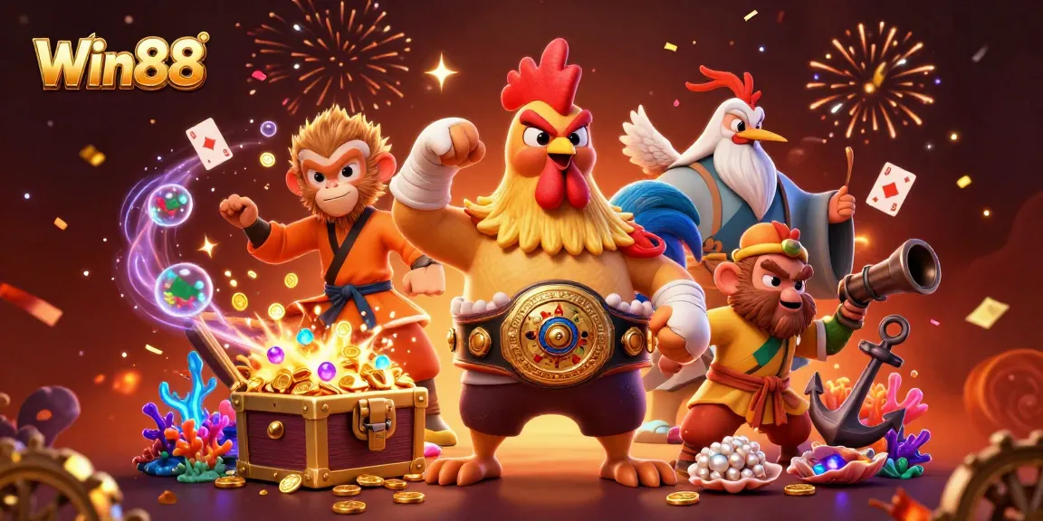 Win88 gaming adventure with colorful characters and rich casino elements in a vibrant scene.