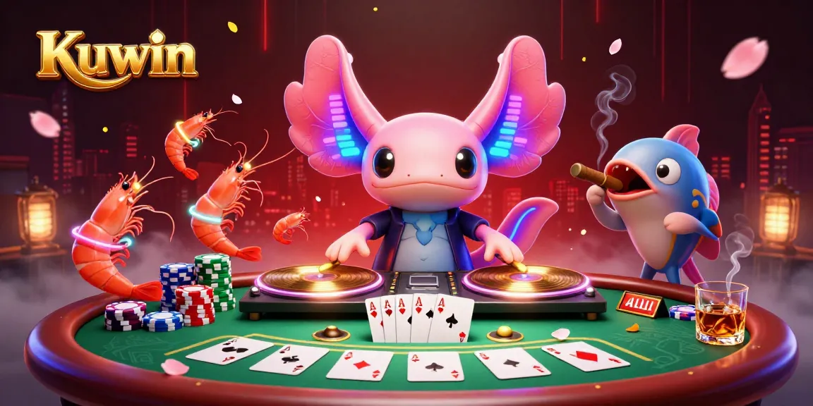Kuwin offers an electrifying casino experience with a neon axolotl DJ spinning tracks amidst vibrant poker elements.