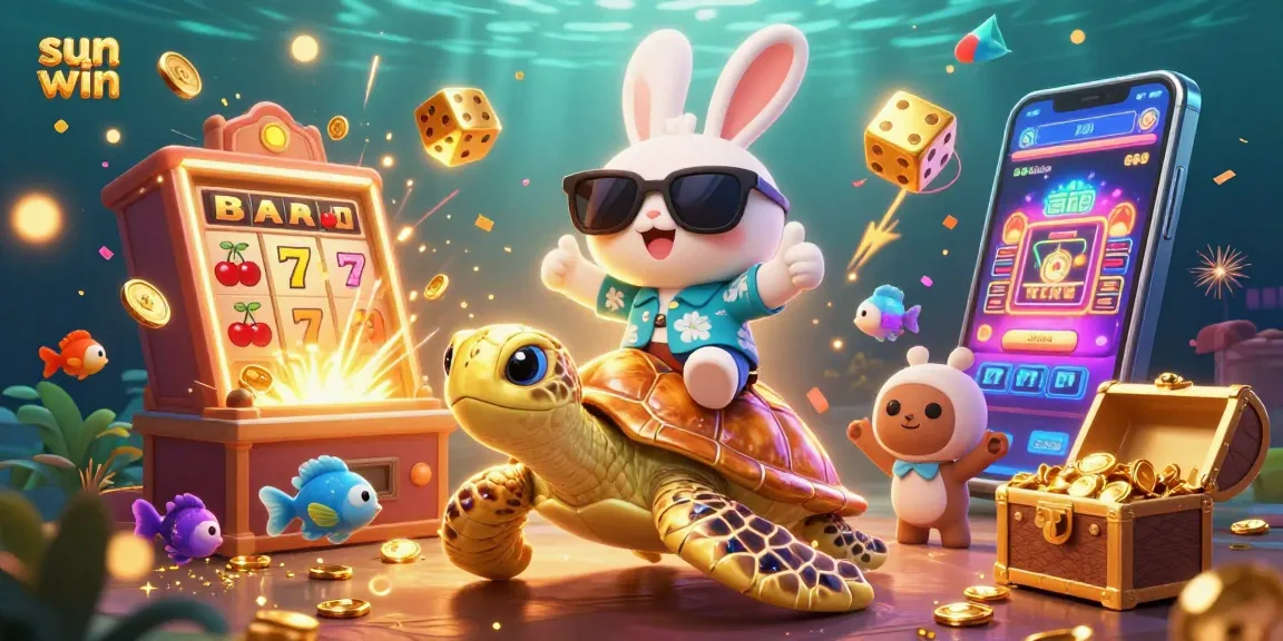 Experience the excitement of sun win with a lucky rabbit and turtle in a vibrant casino scene.
