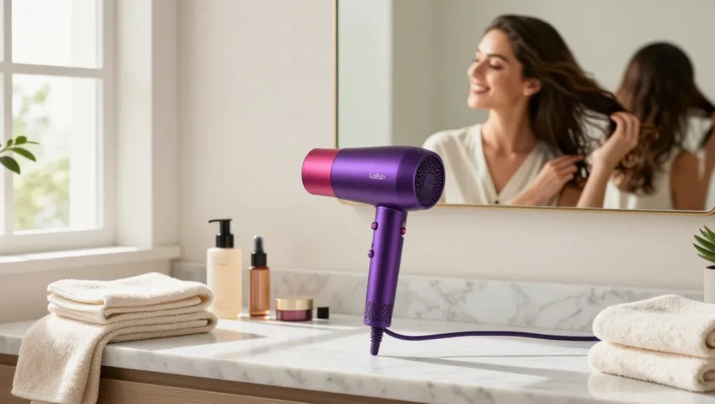 Frau nutzt den Laifen Föhn in einem modernen Badezimmer, um ihre Haare zu stylen.