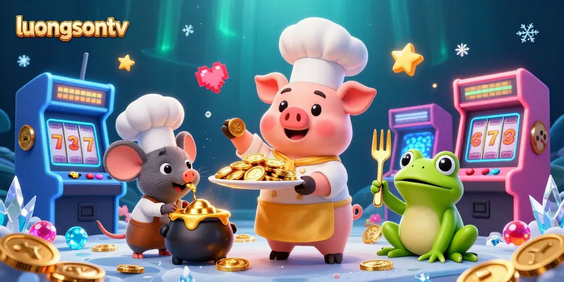 Win big with luongsontv in this vibrant 3D casino scene featuring playful characters and golden elements.
