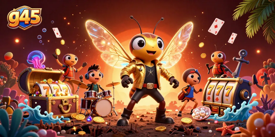 Engage with g45's vibrant casino scene featuring a cartoon cicada rock star among slot reels and treasure.