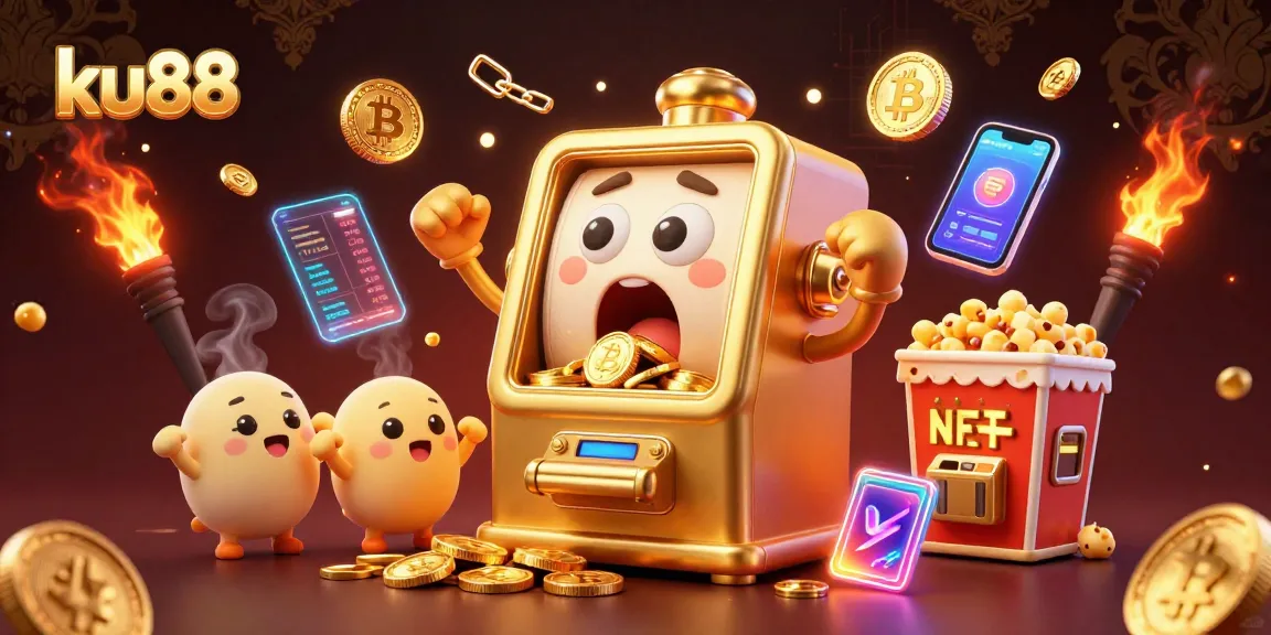 Celebrate jackpots with ku88's golden slot machine excitement and vibrant crypto elements