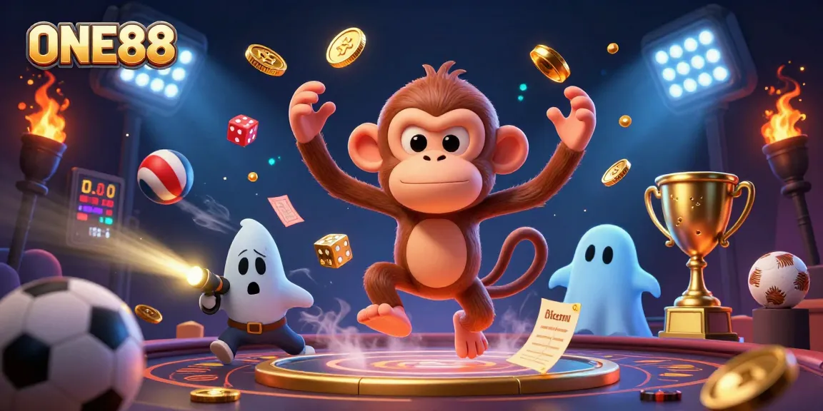 Experience thrilling moments at ONE88 while the poltergeist monkey juggles golden treasures in a lively casino.
